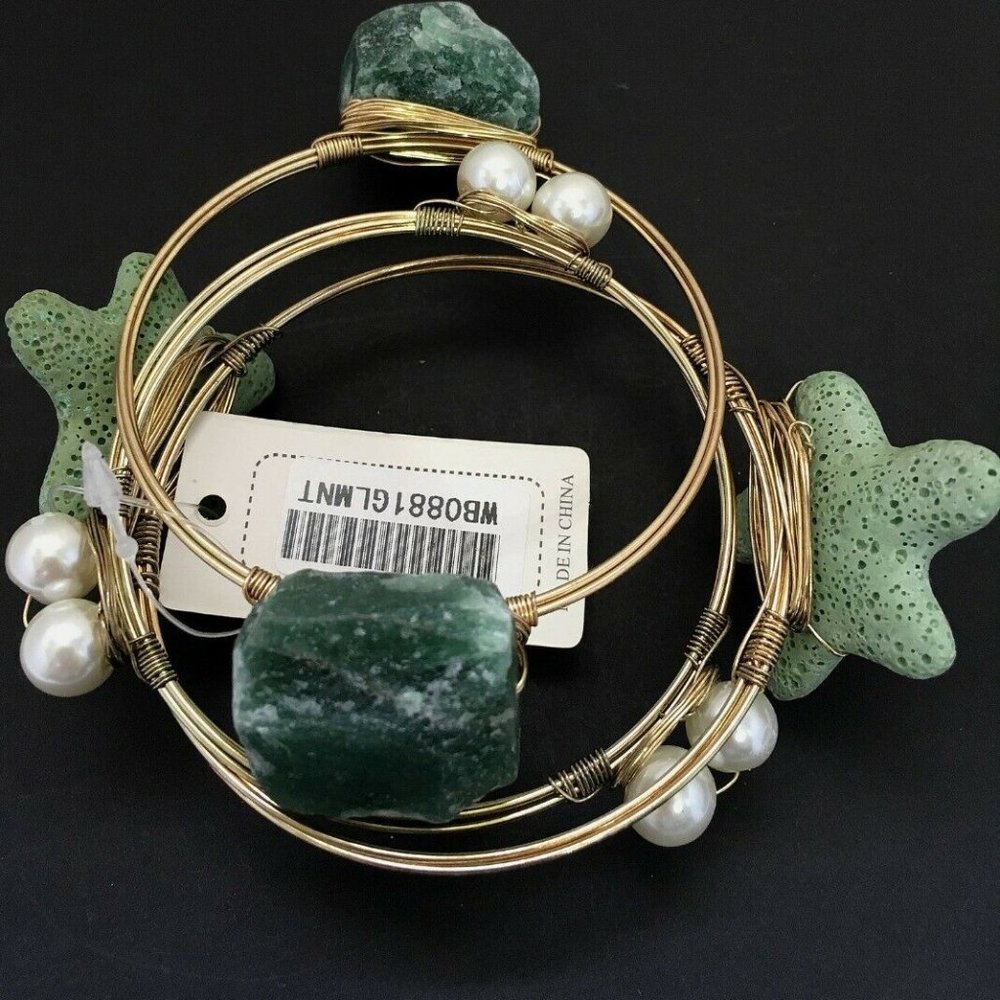 NWT!!! Sea Star Green Quartz Stone Gold-Tone Pearl Wired Bracelets